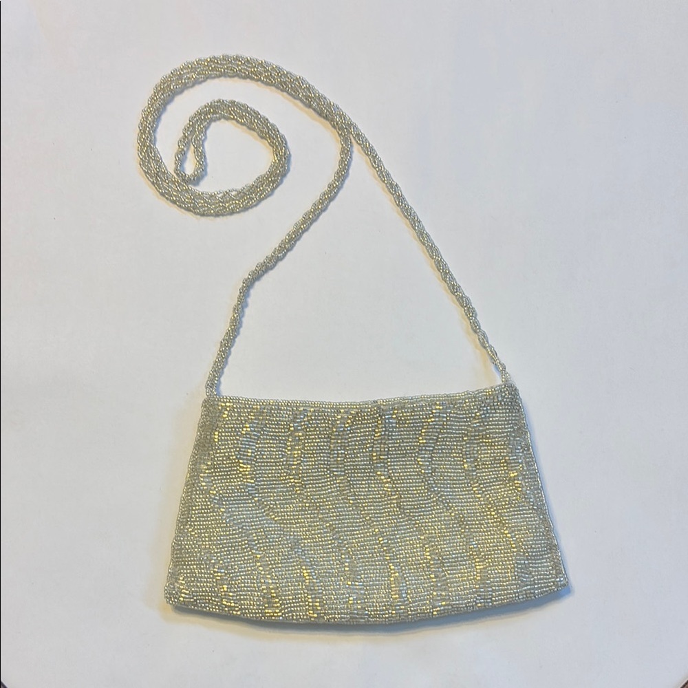 FINAL! Cache Silver Beaded Metallic Clutch / Shoulder Bag